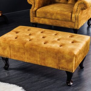 Design voetenbank CHESTERFIELD 80cm mosterdgeel fluweel knoopstiksel klinknagelrand - 41445