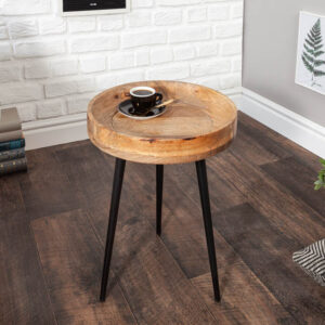 Stevige bijzettafel PURE NATURE 35cm naturel mangohout rond met zwart metalen poten - 39669