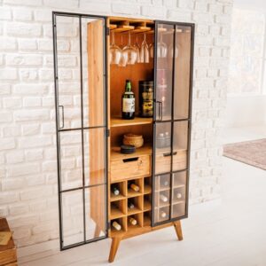 Massieve vitrinekast SEVEN SEAS 150cm naturel grenen industrieele deuren metalen barkast - 41196