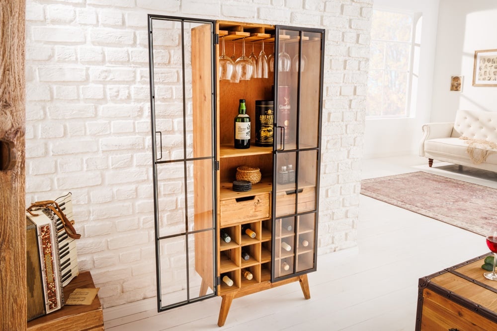 Massieve vitrinekast SEVEN SEAS 150cm naturel grenen industrieele deuren metalen barkast - 41196
