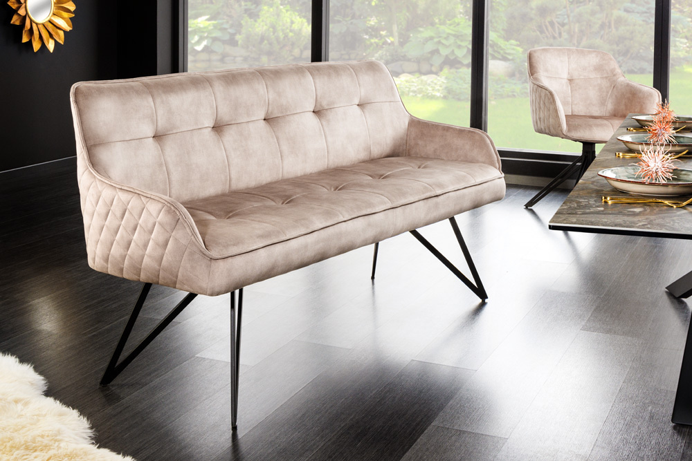 Design bank EUPHORIA 160cm champagne grijs fluweel haarspeldpoten metalen poten armleuningen - 43126
