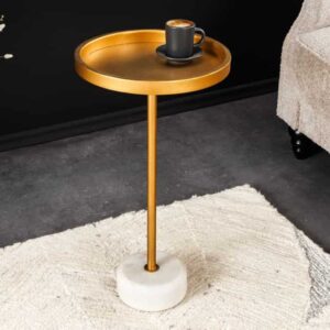 Ronde bijzettafel TRAYFUL 60cm goud ijzer wit marmeren voet handgemaakt - 44849