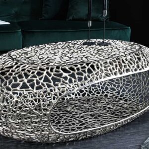 Handgemaakte salontafel BIO 120 cm zilverkleurig metalen bladmotief met opbergruimte - 44148