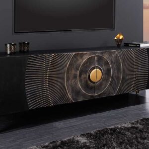 Handgemaakte TV lowboard GOLDEN SUNSET 180cm zwart met 3D houtsnijwerk goud mango hout massief metalen poten - 44303