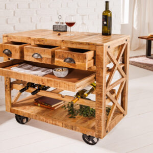 Industriële barkast BODEGA 86 cm mangohouten serveerwagen met wijnrek - 42379