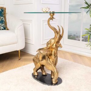 Ronde bijzettafel ELEPHANT 80cm goud metaal glas marmeren sculptuur handgemaakt - 43558