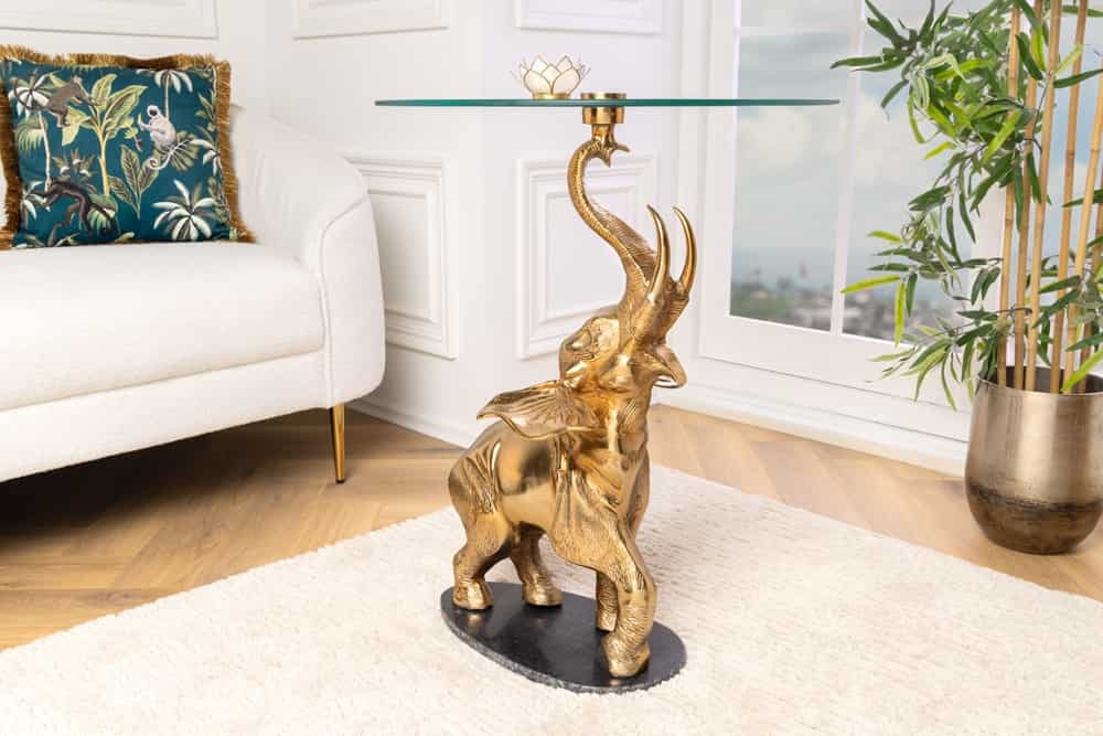 Ronde bijzettafel ELEPHANT 80cm goud metaal glas marmeren sculptuur handgemaakt - 43558