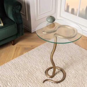 Ronde bijzettafel WILDLIFE SNAKE 65cm koper antiek metaal glas handgemaakt - 43513