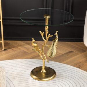 Ronde bijzettafel WILDLIFE PEACOCK 60cm goud Metalen Peacock sculptuur met glazen blad - 44829