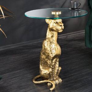 Ronde bijzettafel WILDLIFE PANTHER 60cm goud antiek metalen glassculptuur handgemaakt - 44825