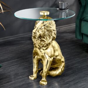 Ronde bijzettafel WILDLIFE LION 60cm Goud Antiek Metaal Glas Leeuw Sculptuur - 44827