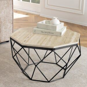 Handgemaakte salontafel DIAMOND 70cm beige travertijn zwart ijzer - 45205