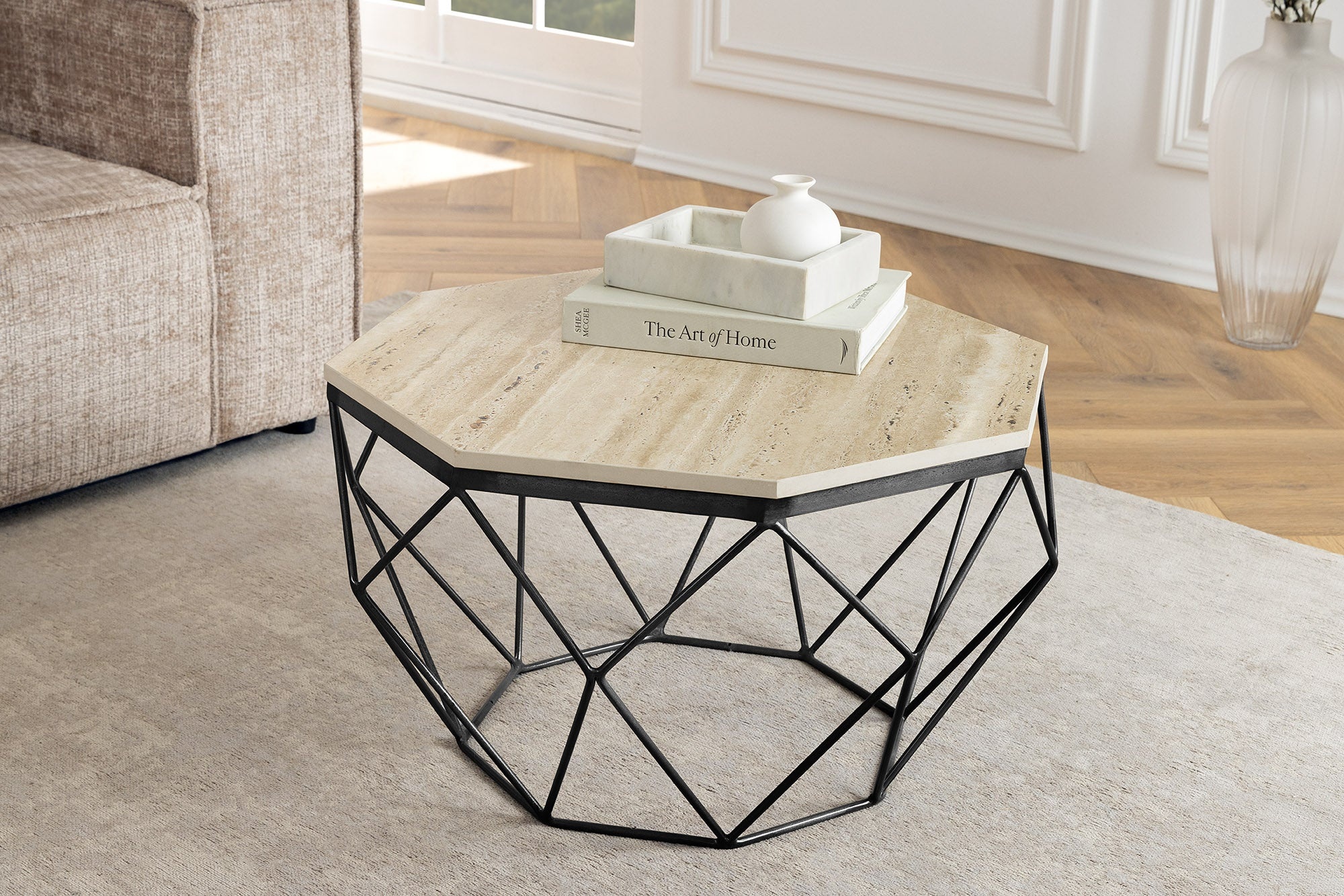 Handgemaakte salontafel DIAMOND 70cm beige travertijn zwart ijzer - 45205