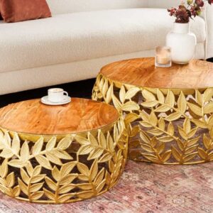 Ronde set van 2 salontafels ABSTRACT LEAF 70cm Natuurlijk Goud Massief Hout Acacia Metalen Blad Design - 43818