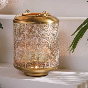Deco lantaarn ORIENT 25cm goud metaal met patina handgemaakte lantaarn - 43826