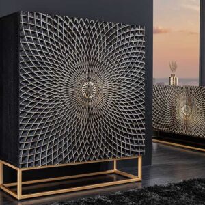 Design Highboard ILLUSION 120cm zwart mangohout massief hout met 3D houtsnijwerk goud ijzer metalen frame - 44321