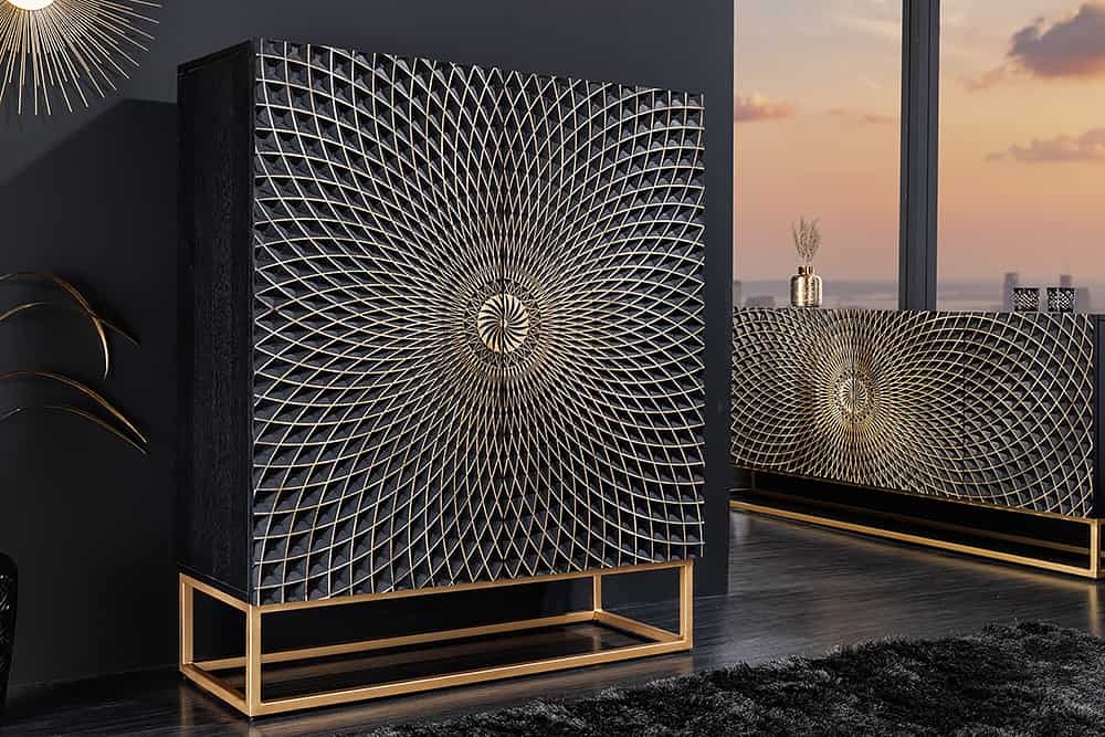 Design Highboard ILLUSION 120cm zwart mangohout massief hout met 3D houtsnijwerk goud ijzer metalen frame - 44321