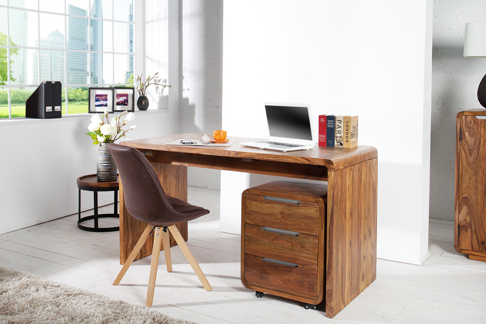 Massief houten bureautafel CUBUS 120 cm bruin bureau met sheeshamstenen afwerking - 43753