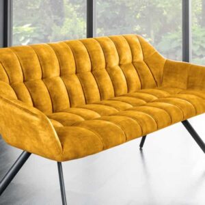 Eetkamerbank PAPILLON 165cm mosterdgeel fluweel met rugleuningen zwart metalen frame - 44527