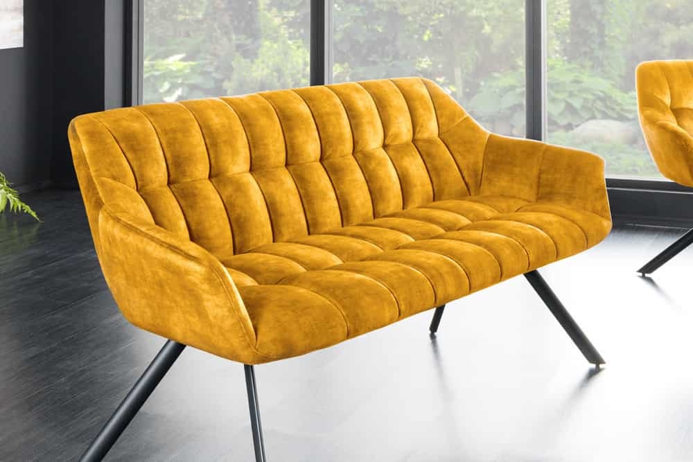 Eetkamerbank PAPILLON 165cm mosterdgeel fluweel met rugleuningen zwart metalen frame - 44527
