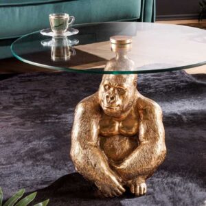 Ronde salontafel WILDLIFE KONG 60cm goud metaal glazen aap beeldje gorilla sculptuur handgemaakt - 43518