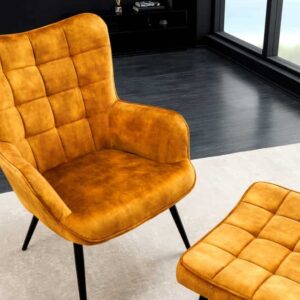 Moderne fauteuil SCANDINAVIA mosterdgeel fluweel zwart metalen poten met armleuningen - 44019