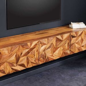 Hangend tv-meubel ALPINE 160cm naturel sheesham massief hout steenafwerking metaal mat goud - 43708
