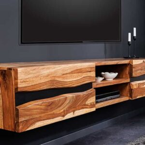Hangend tv-meubel AMAZONAS 160cm bruin Sheesham massief hout boomrand metaal zwart - 43707