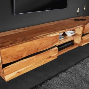 Hangend tv-meubel AMAZONAS 160cm natuurlijk acacia massief hout boomrand metaal zwart - 43706