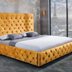 Queensize tweepersoonsbed PARIS 160x200cm mosterdgeel fluweel Chesterfield design - 41642
