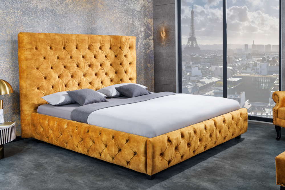 Queensize tweepersoonsbed PARIS 160x200cm mosterdgeel fluweel Chesterfield design - 41642