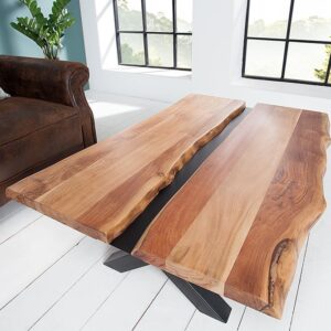 Massief houten salontafel AMAZONAS 105cm acacia zwart metalen X-frame boomrand levende rand - 43712