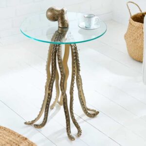 Ronde bijzettafel WILDLIFE OCTOPUS 70cm messing goud metalen glazen sculptuur handgemaakt - 43498