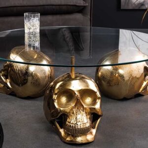 Design salontafel SKULL XXL 90cm goud rond glazen blad metalen schedel handgemaakt - 43496