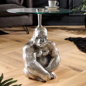 Ronde bijzettafel KONG 50cm zilverkleurig metalen glazen aapfiguur gorilla sculptuur - 43204