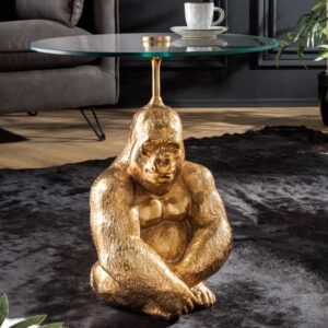 Ronde bijzettafel KONG 50cm goudkleurig metalen glazen aapfiguur gorilla sculptuur - 43203