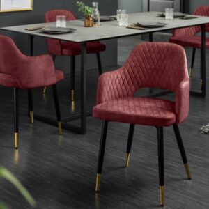 Elegante stoel PARIS rood fluweel decoratief gewatteerd voetdoppen goud retro design met armleuningen - 42291