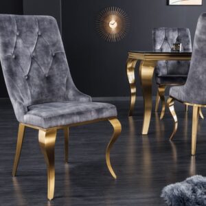 Elegante stoel MODERN BAROK grijs fluweel met gouden leeuwenkop - 42318