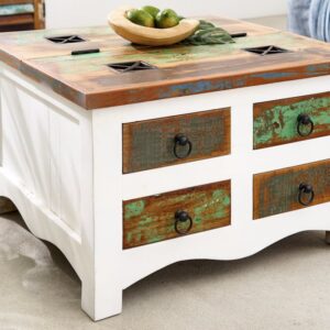 Massieve salontafel JAKARTA 70cm mangowitte kleurrijke ladekast gemaakt van gerecycled vissersbotenhout met lades - 42149