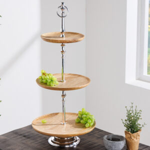 Decoratieve taartschaal PURE NATURE 68cm zilver mangohout handgemaakt drie niveaus - 42734