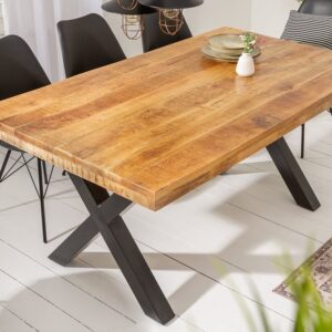 Massieve eettafel IRON CRAFT 160cm natuurlijk mangohout industrieel design X-frame zwart metaal - 6540012