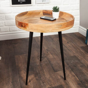 Stevige bijzettafel PURE NATURE 45cm naturel mangohout rond met zwart metalen poten - 39667