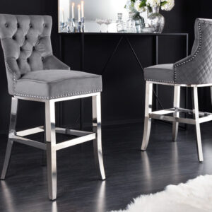 Design barkruk CASTLE DELUXE grijs fluweel zilver roestvrij staal Chesterfield - 43213