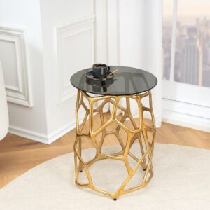 Handgemaakte bijzettafel LIQUID GEOMETRY 50cm goud rond metaal zwart glas - 44857