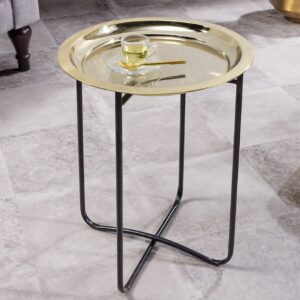 Ronde bijzettafel CASABLANCA 50cm messing goud zwart dienblad uitneembaar opvouwbaar - 44353