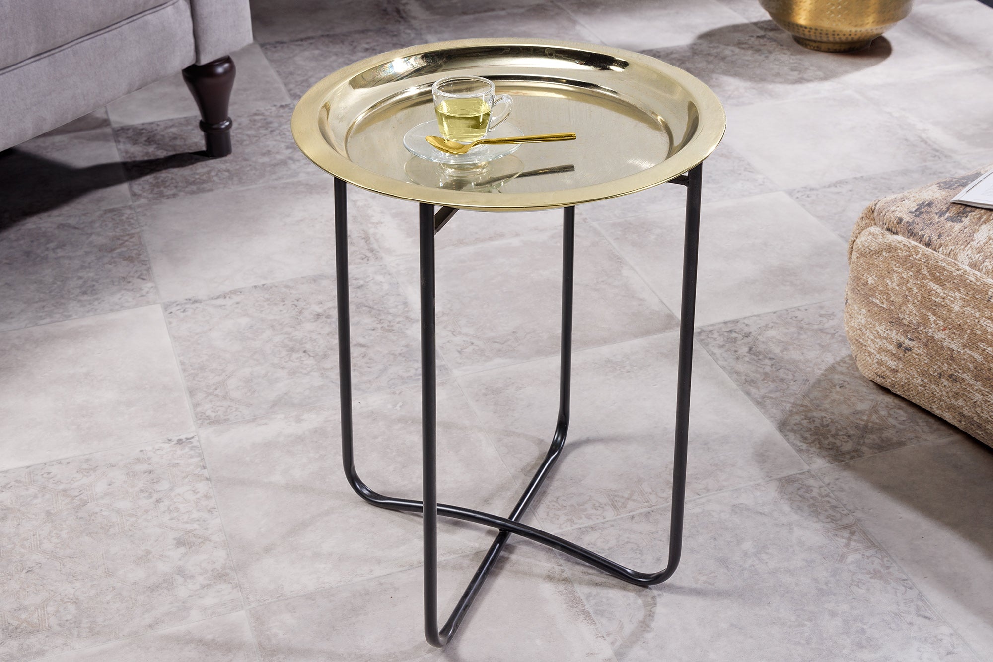 Ronde bijzettafel CASABLANCA 50cm messing goud zwart dienblad uitneembaar opvouwbaar - 44353