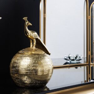 Decoratief doosje WILDLIFE BIRD 30cm goud antiek rond metaal - 44837