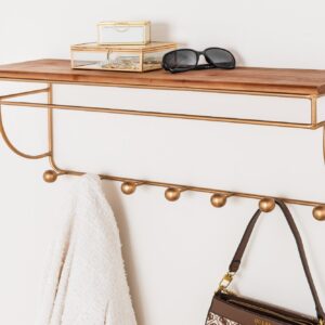 Decoratieve wandkapstok HERITAGE 80 cm naturel goud messing grenen metaal met plank - 44479