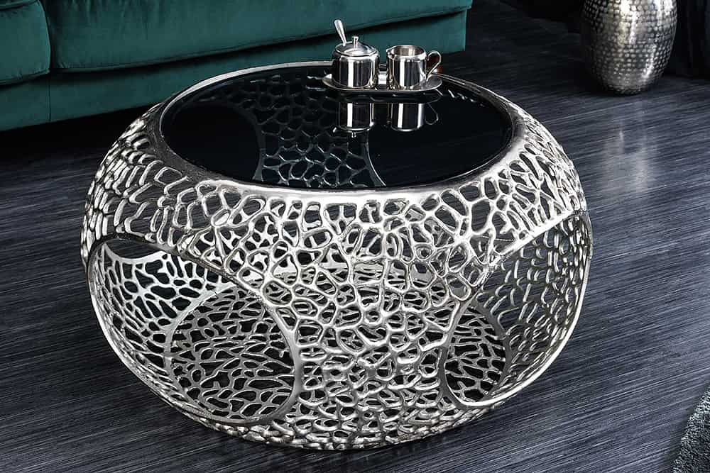 Ronde salontafel SPIN 75cm zilver zwart glas metaal met opbergvak handgemaakt - 44147