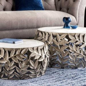 Ronde set van 2 salontafels ABSTRACT LEAF 70cm Wit Zilver Marmer Metalen Blad Design - 43817
